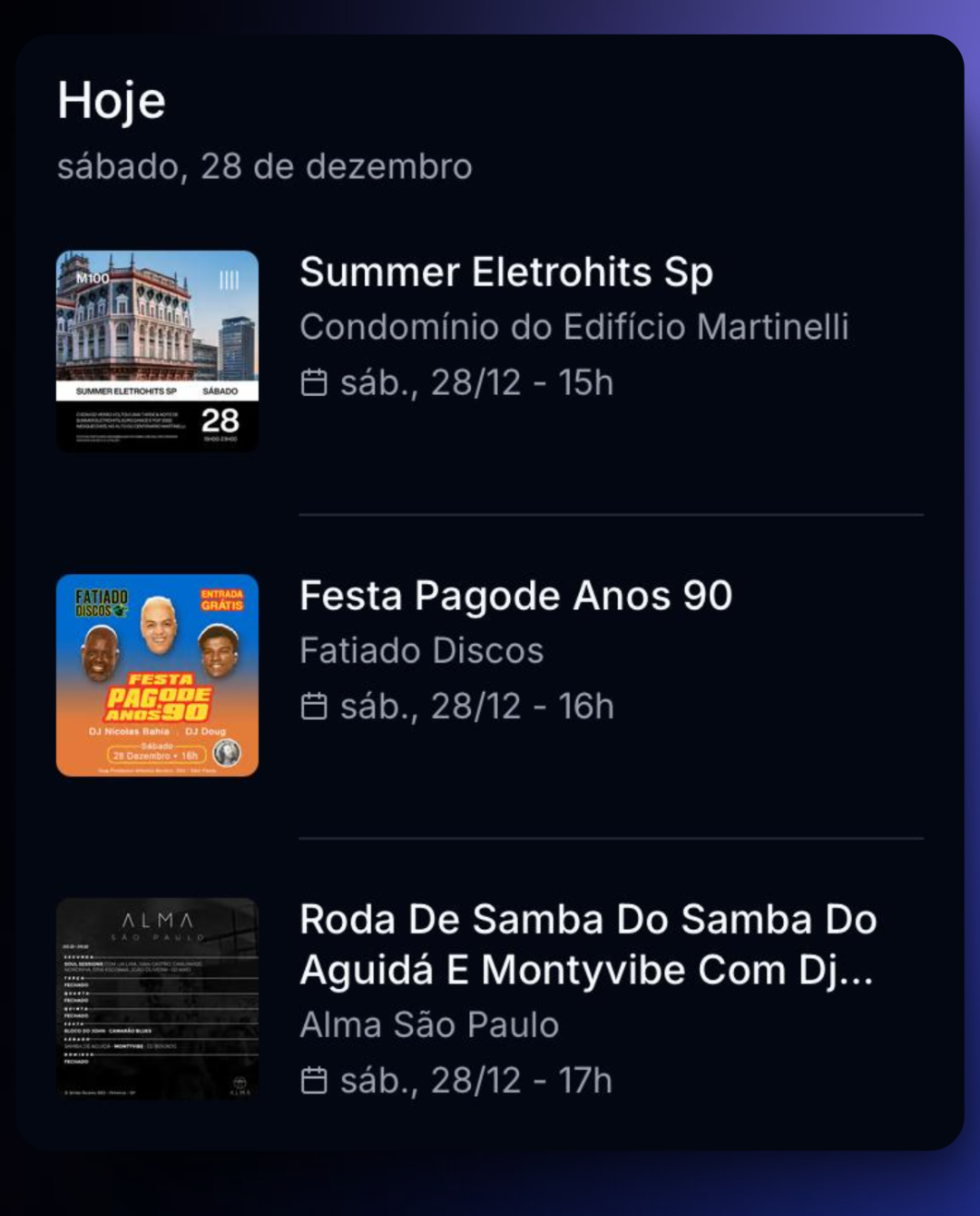 Screenshot do Agendinha mostrando eventos e lugares